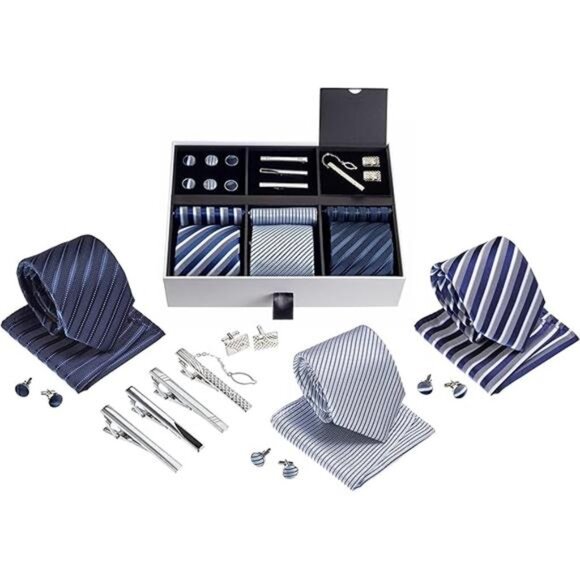Premium Men’s Gift Tie Set Silky Necktie Pocket Squares Tie Clips Cufflinks - Picture 8 of 8
